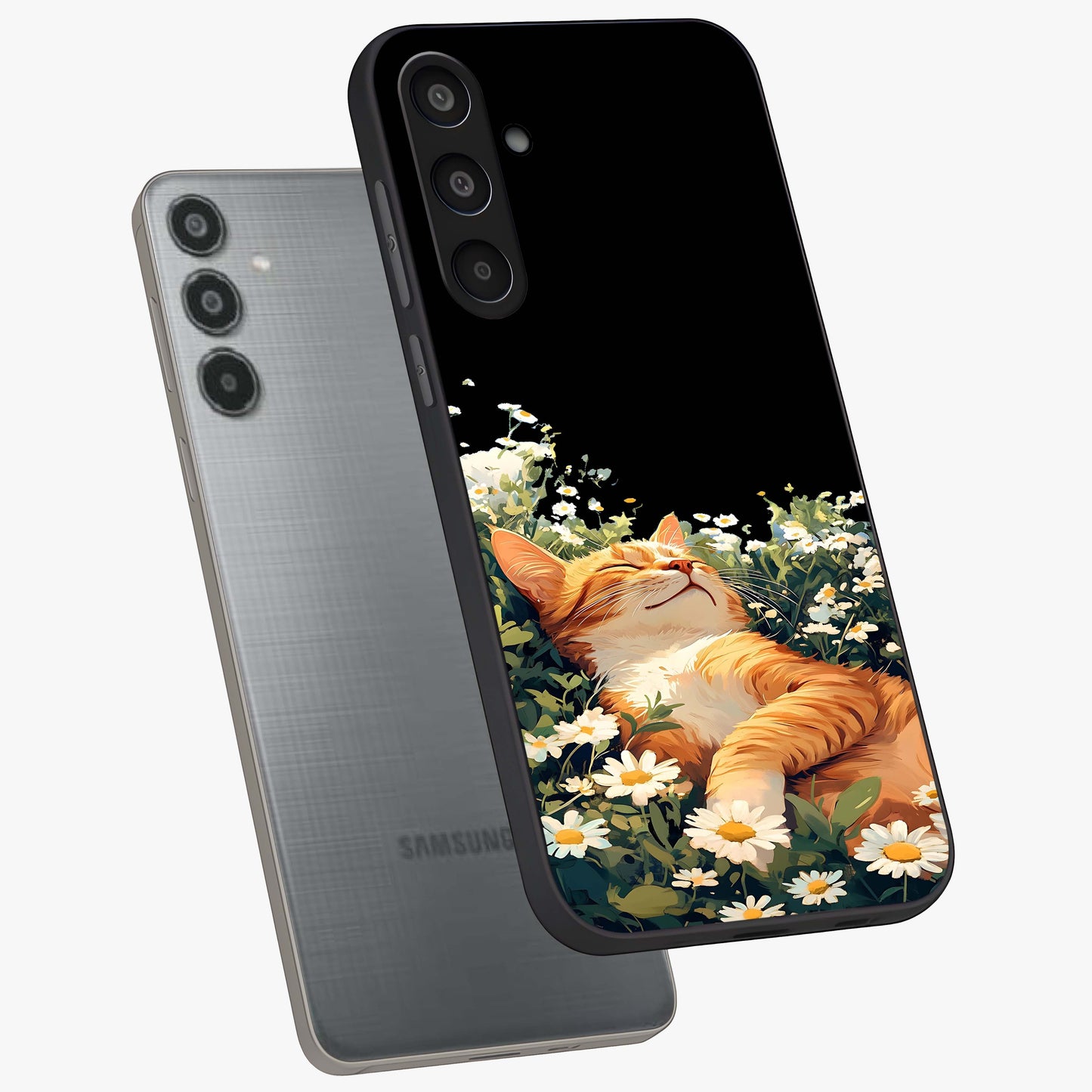 Blissful Bloom Cat Glass Case displayed in angled mockup highlighting playful feline illustration with soft floral aesthetic.