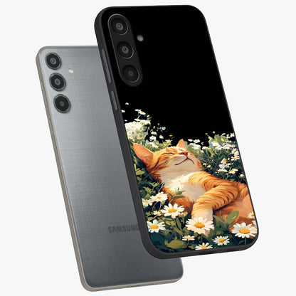 Blissful Bloom Cat Glass Case displayed in angled mockup highlighting playful feline illustration with soft floral aesthetic.