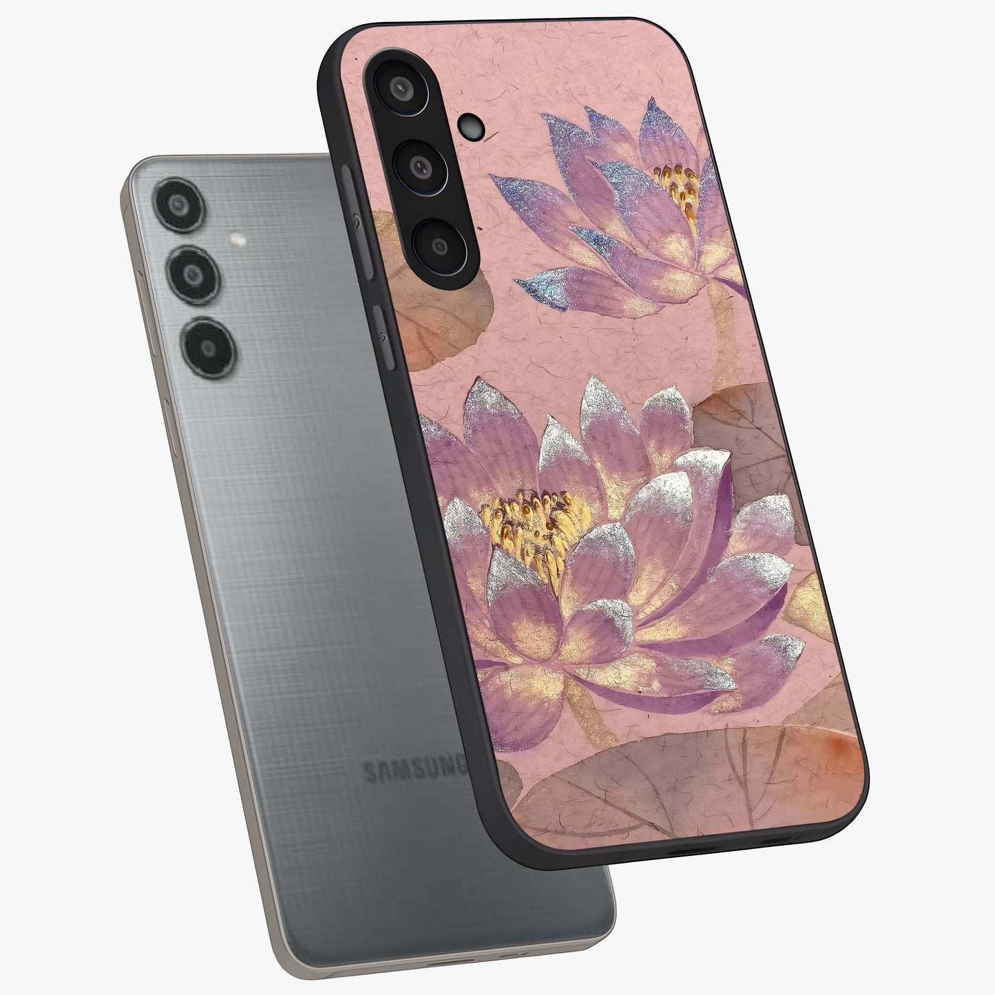 Blossom Mist Lotus Glass Case displayed in angled mockup highlighting delicate lotus illustration with calm aesthetic theme.