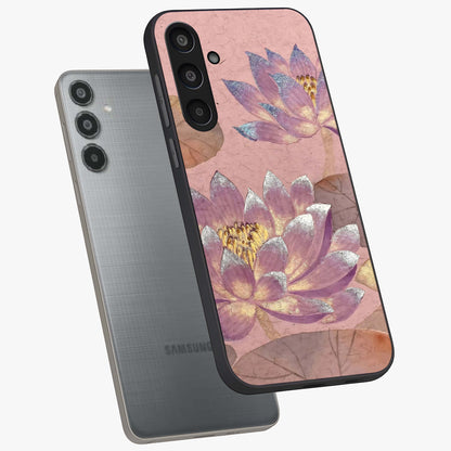Blossom Mist Lotus Glass Case displayed in angled mockup highlighting delicate lotus illustration with calm aesthetic theme.