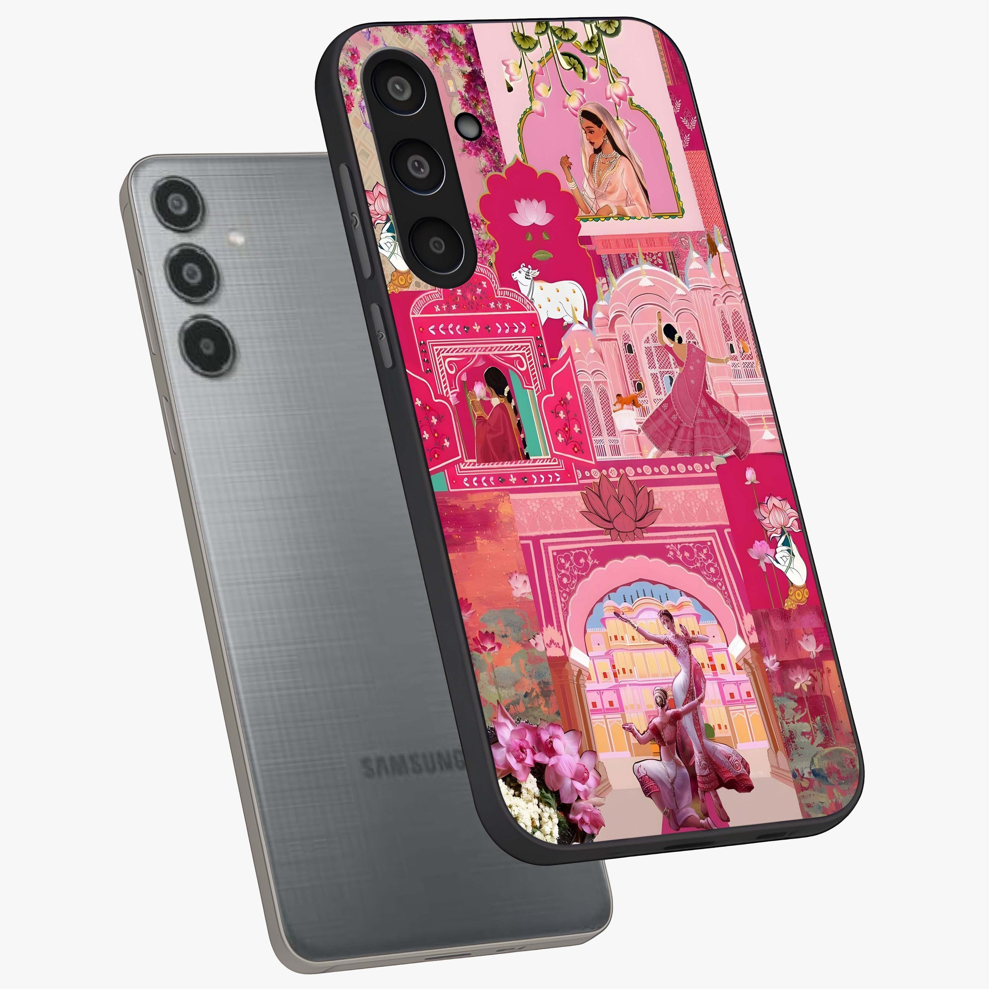 Blossoms of Rajasthan Glass Case displayed in angled mockup highlighting vibrant floral pattern with cultural aesthetic style.