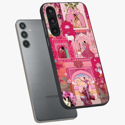 Blossoms of Rajasthan Glass Case displayed in angled mockup highlighting vibrant floral pattern with cultural aesthetic style.