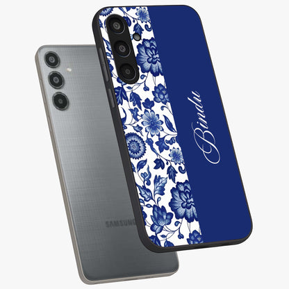 Blue Vintage Floral Pattern Glass Case displayed in angled mockup highlighting subtle bloom pattern with aesthetic pastel design.