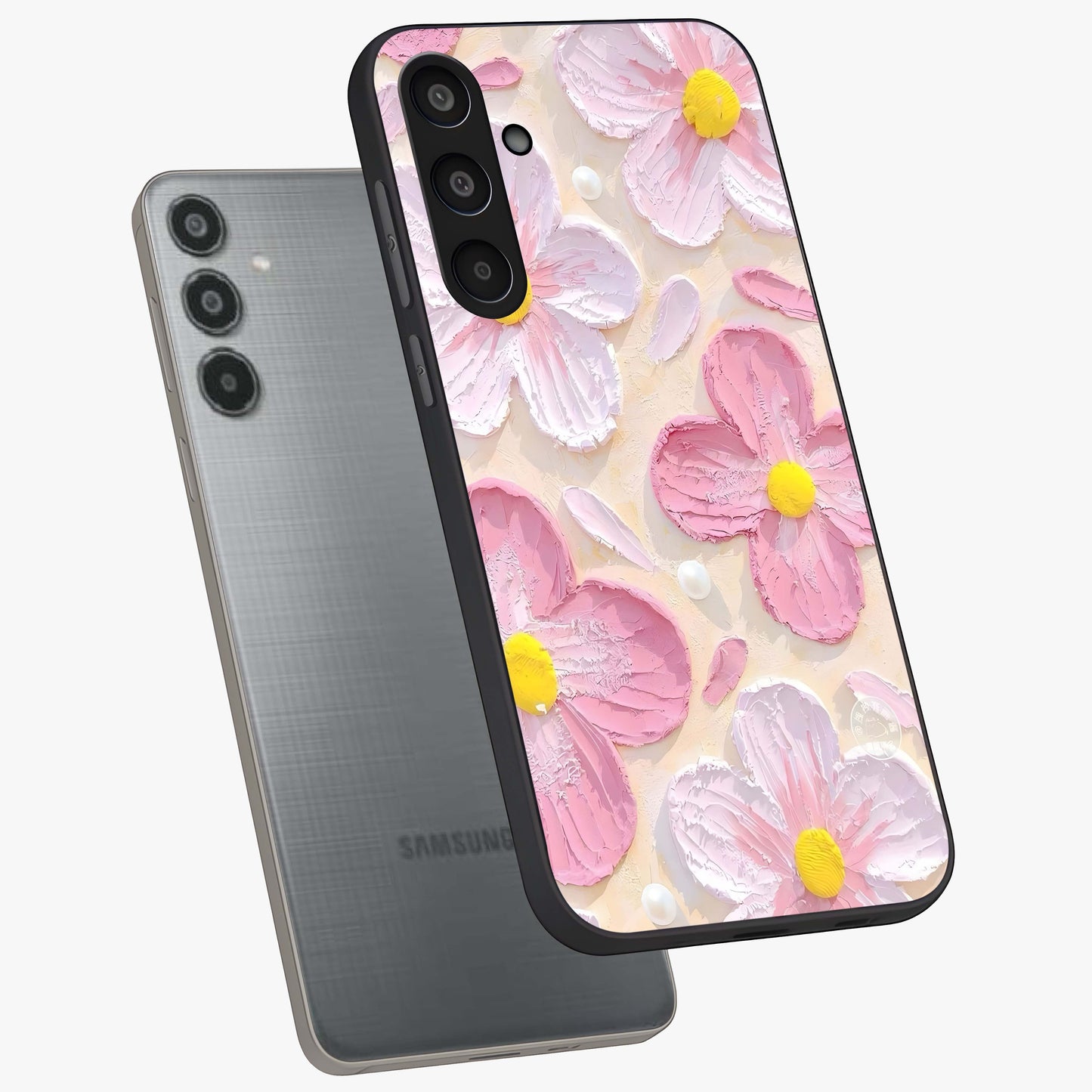 Blush Bloom Texture Glass Case displayed in angled mockup highlighting subtle bloom pattern with aesthetic pastel design.