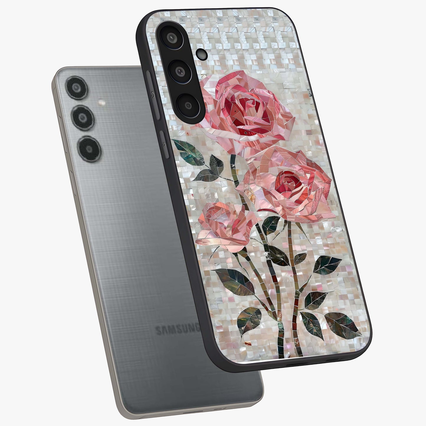 Blush Mosaic Bloom Glass Case displayed in angled mockup highlighting artistic mosaic flower pattern with aesthetic design.