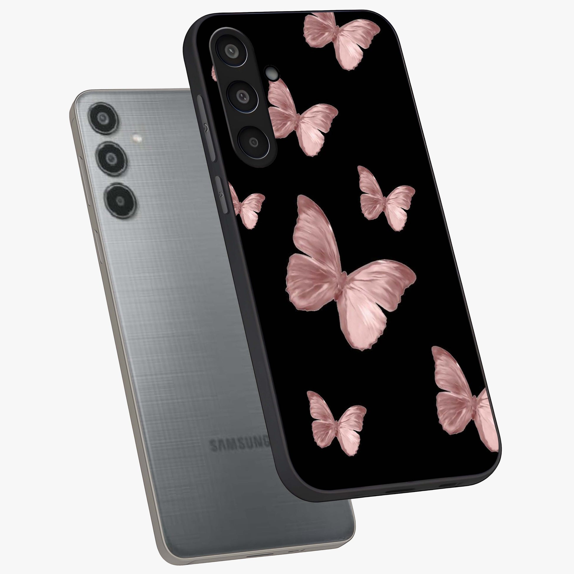 Butterfly Pattern Glass Case displayed in angled mockup highlighting delicate butterfly design and aesthetic pattern style.