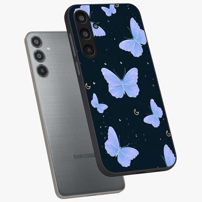 Butterfly With Stars Pattern Glass Case displayed in angled mockup highlighting dreamy butterfly and star design with aesthetic theme.