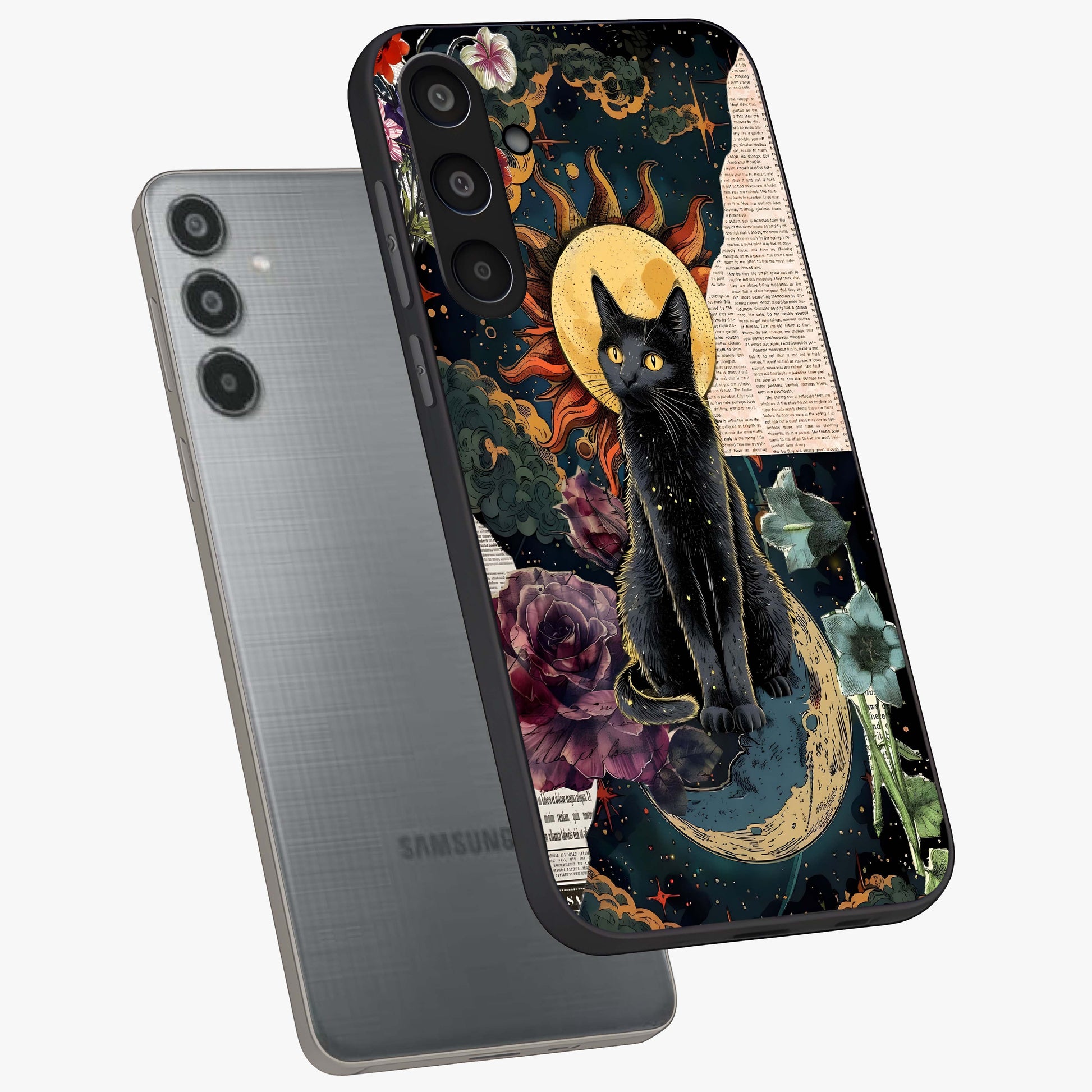 Celestial Black Cat Glass Case displayed in angled mockup highlighting cosmic black cat design with celestial aesthetic.
