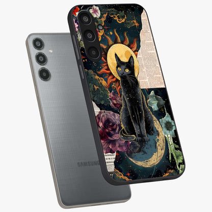 Celestial Black Cat Glass Case displayed in angled mockup highlighting cosmic black cat design with celestial aesthetic.