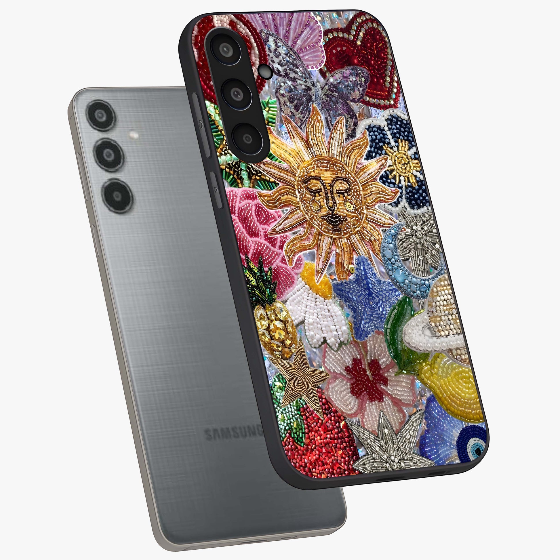 Celestial Floral and Playful Glass Case displayed in angled mockup highlighting playful floral design with dreamy celestial elements.