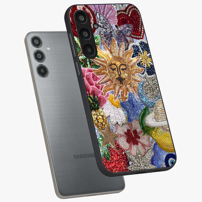 Celestial Floral and Playful Glass Case displayed in angled mockup highlighting playful floral design with dreamy celestial elements.