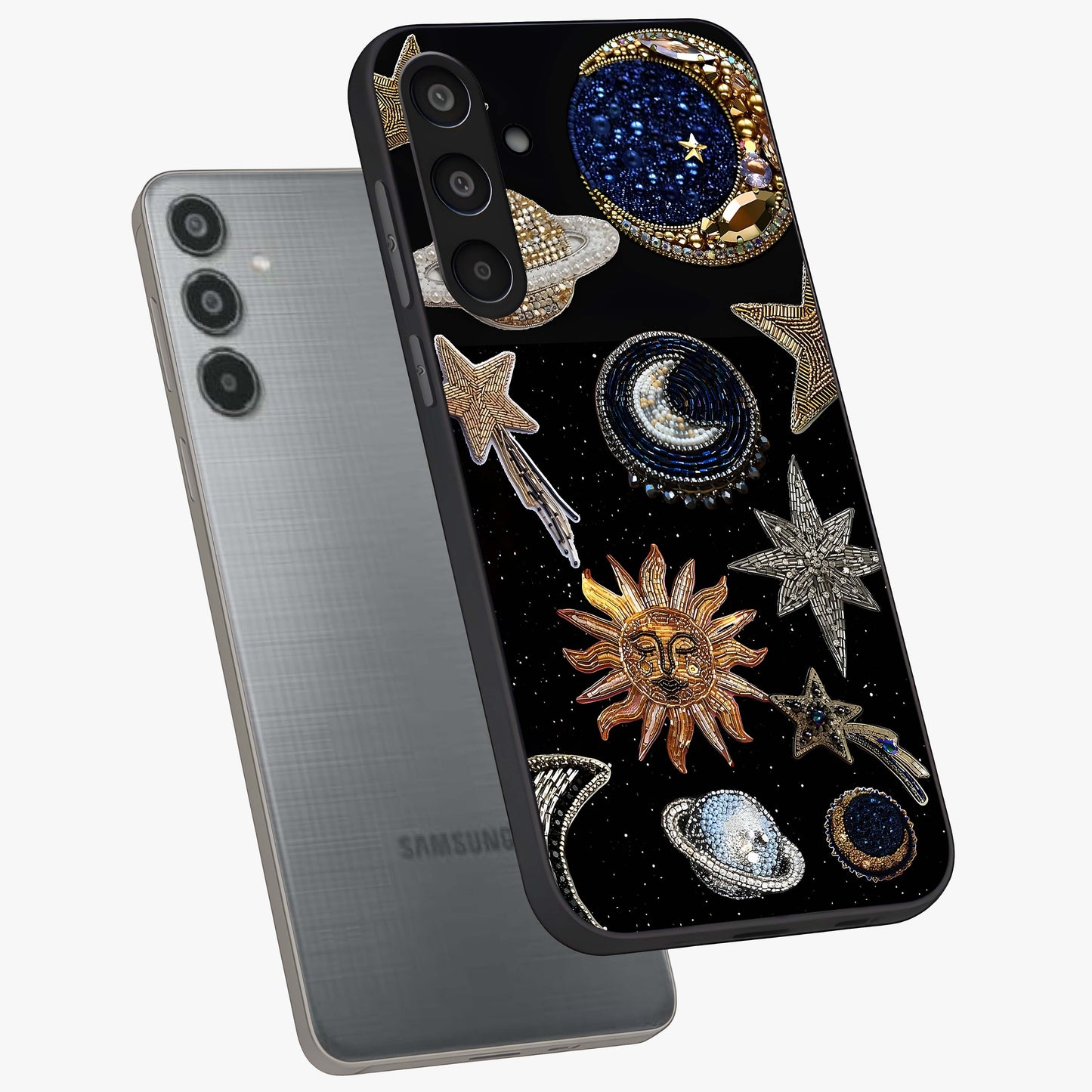 Celestial Gem Constellations Glass Case displayed in angled mockup highlighting gemstone inspired constellation design.