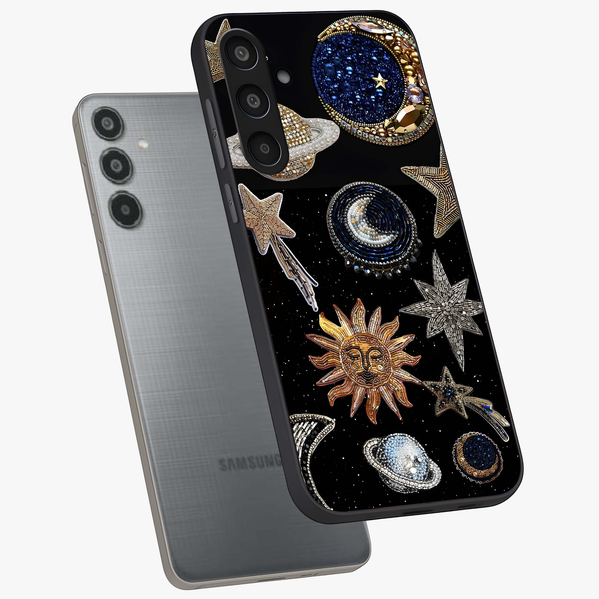 Celestial Gem Constellations Glass Case displayed in angled mockup highlighting gemstone inspired constellation design.