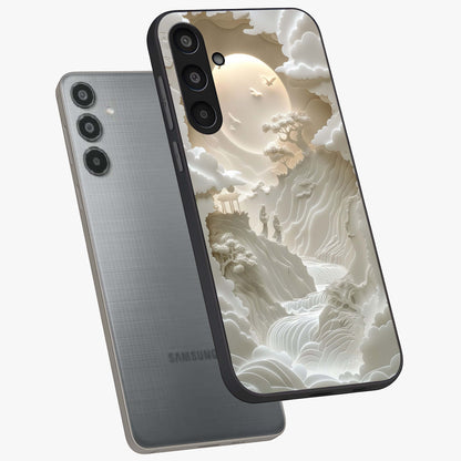 Celestial Origami Glass Case displayed in angled mockup highlighting geometric origami design with cosmic aesthetic theme.
