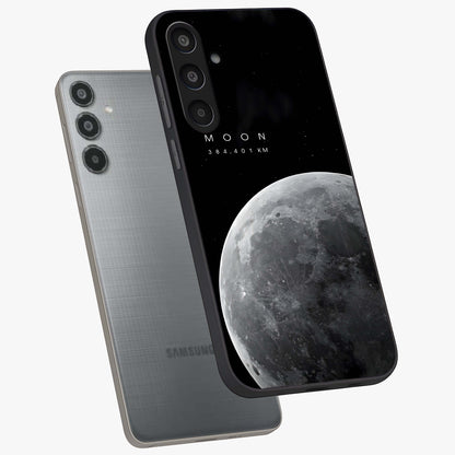 Cosmic Moon Glow Glass Case displayed in angled mockup highlighting celestial moon design with cosmic aesthetic theme.