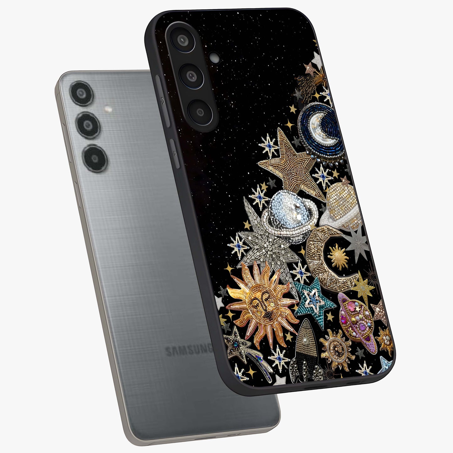 Cosmic Sparkle Dreams Glass Case displayed in angled mockup highlighting dreamy star sparkle design with celestial aesthetic.