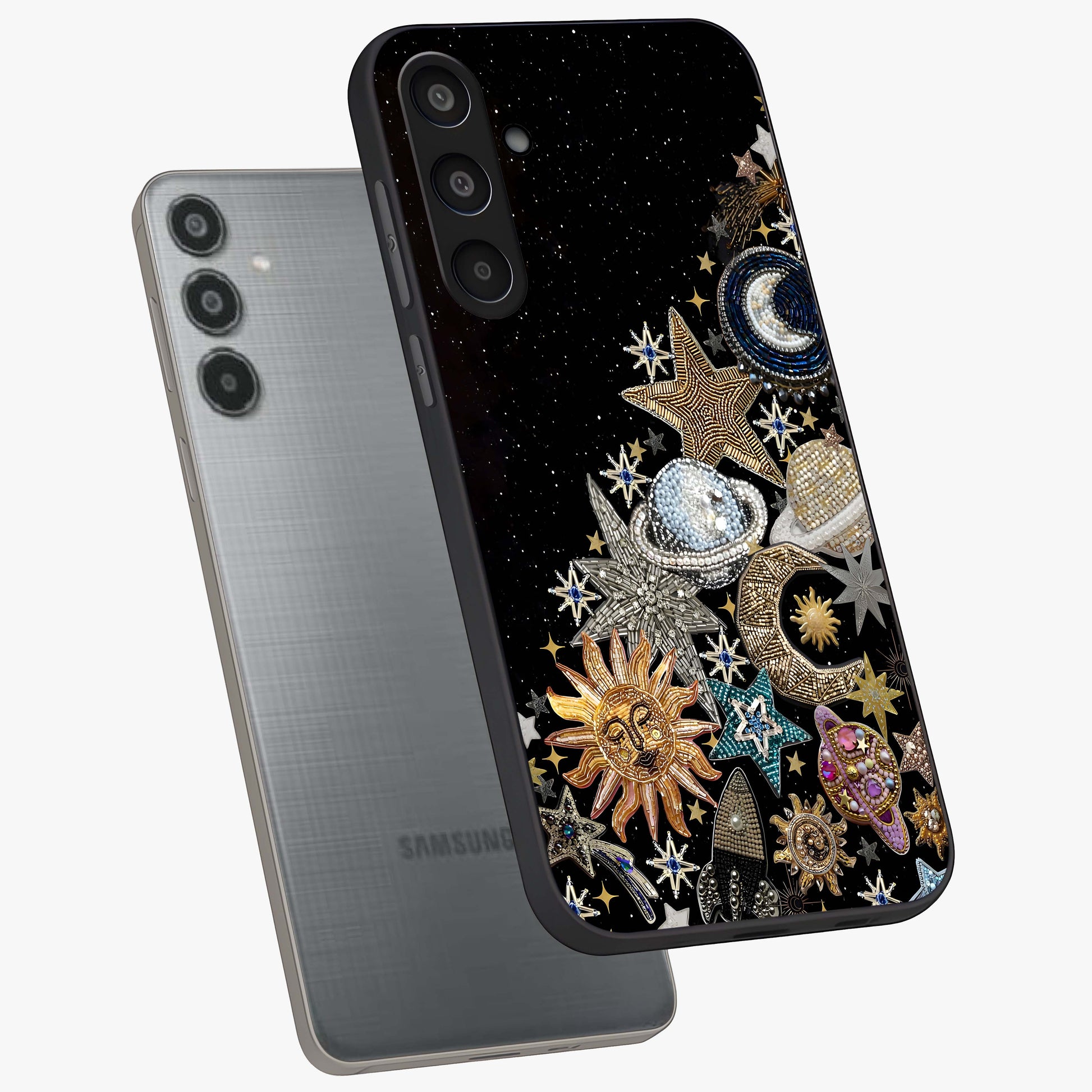 Cosmic Sparkle Dreams Glass Case displayed in angled mockup highlighting dreamy star sparkle design with celestial aesthetic.