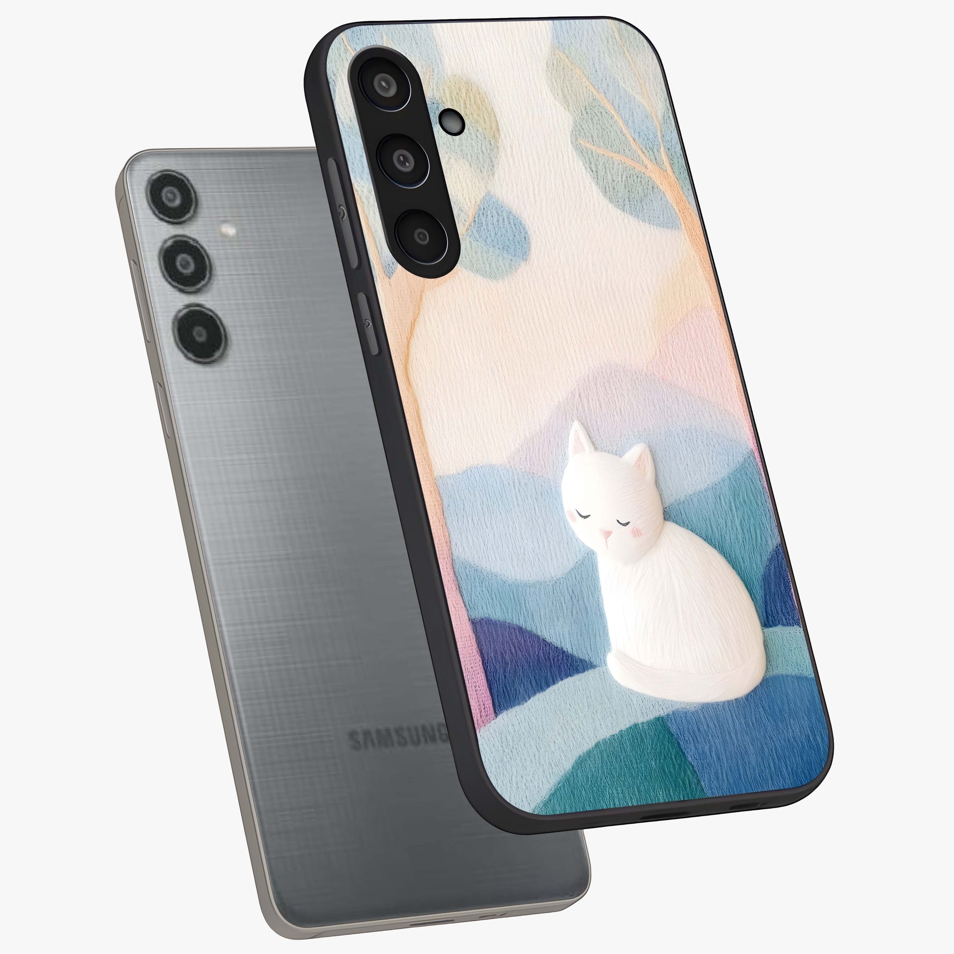 Cotton Dream Cat Glass Case displayed in angled mockup highlighting cute feline illustration with pastel aesthetic style.