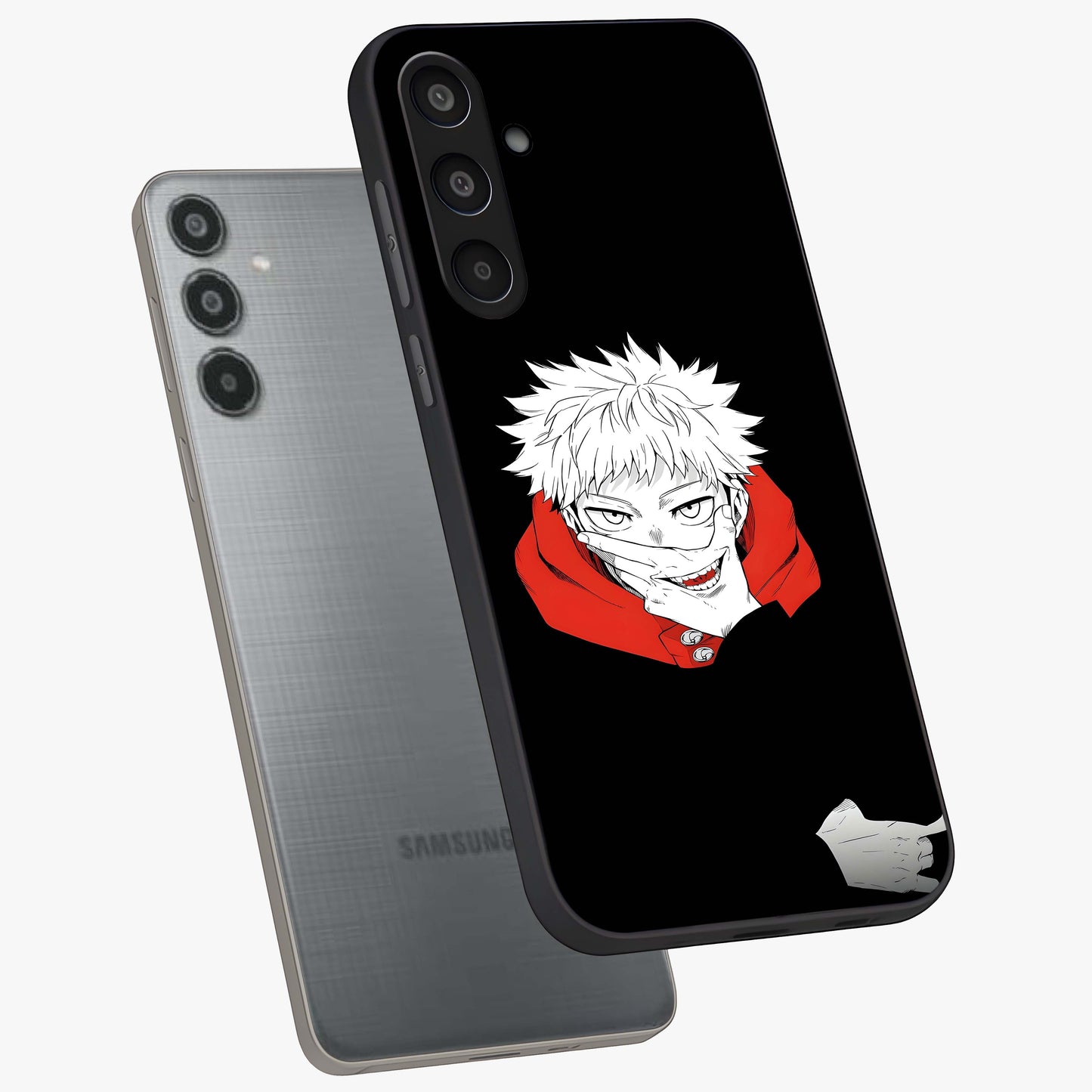 Crimson Chaos Smile Glass Case displayed in angled mockup highlighting edgy crimson smile design with graphic aesthetic.