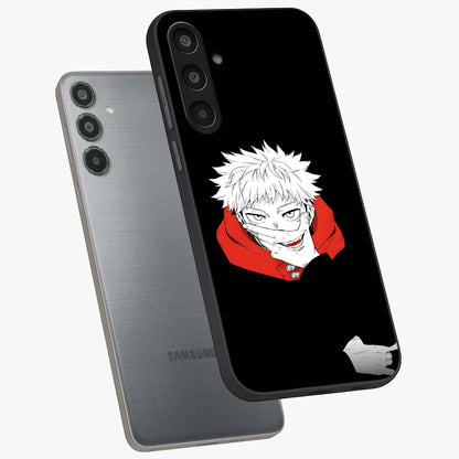 Crimson Chaos Smile Glass Case displayed in angled mockup highlighting edgy crimson smile design with graphic aesthetic.