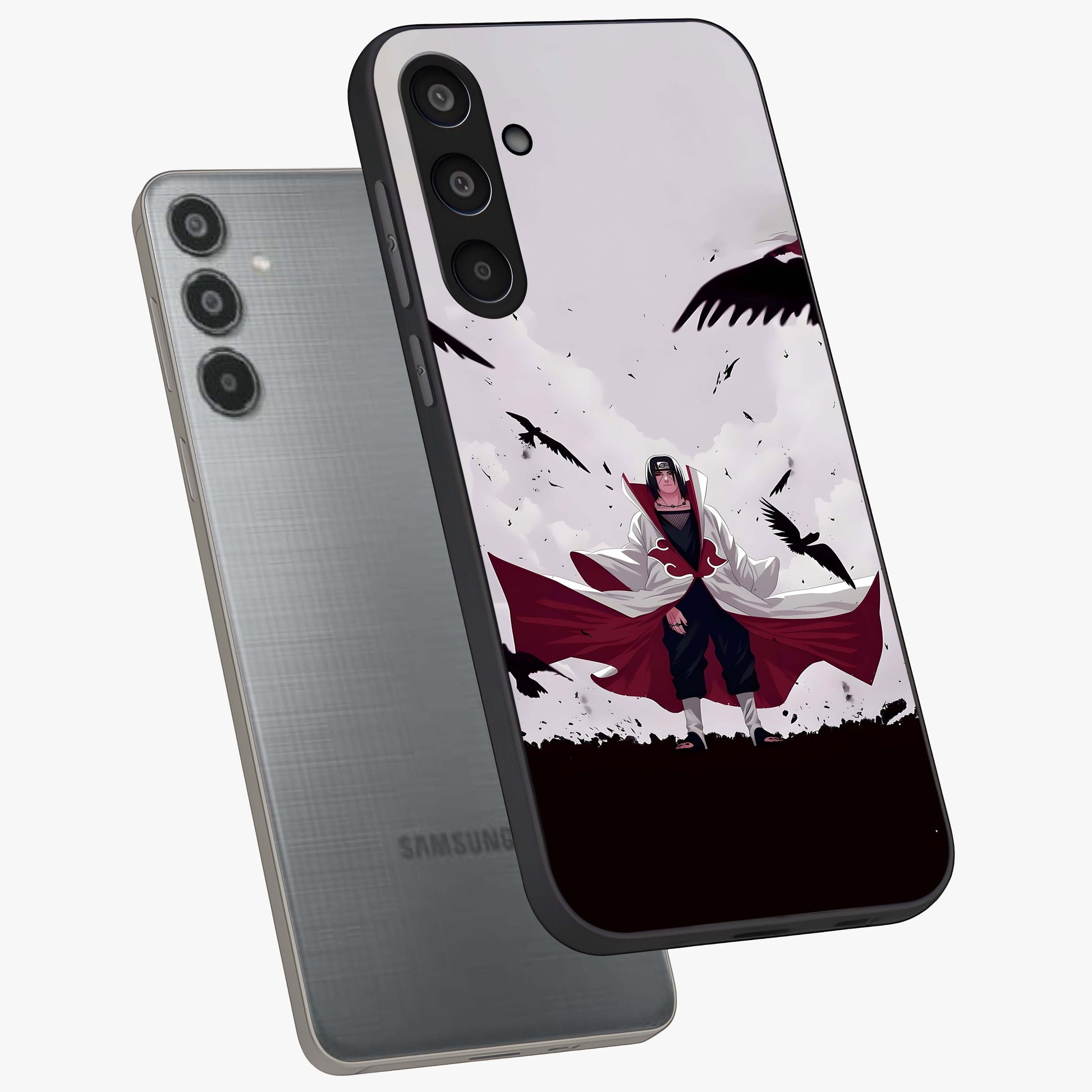 Crimson Crow Ascension Glass Case displayed in angled mockup highlighting powerful crow illustration with dark crimson aesthetic.