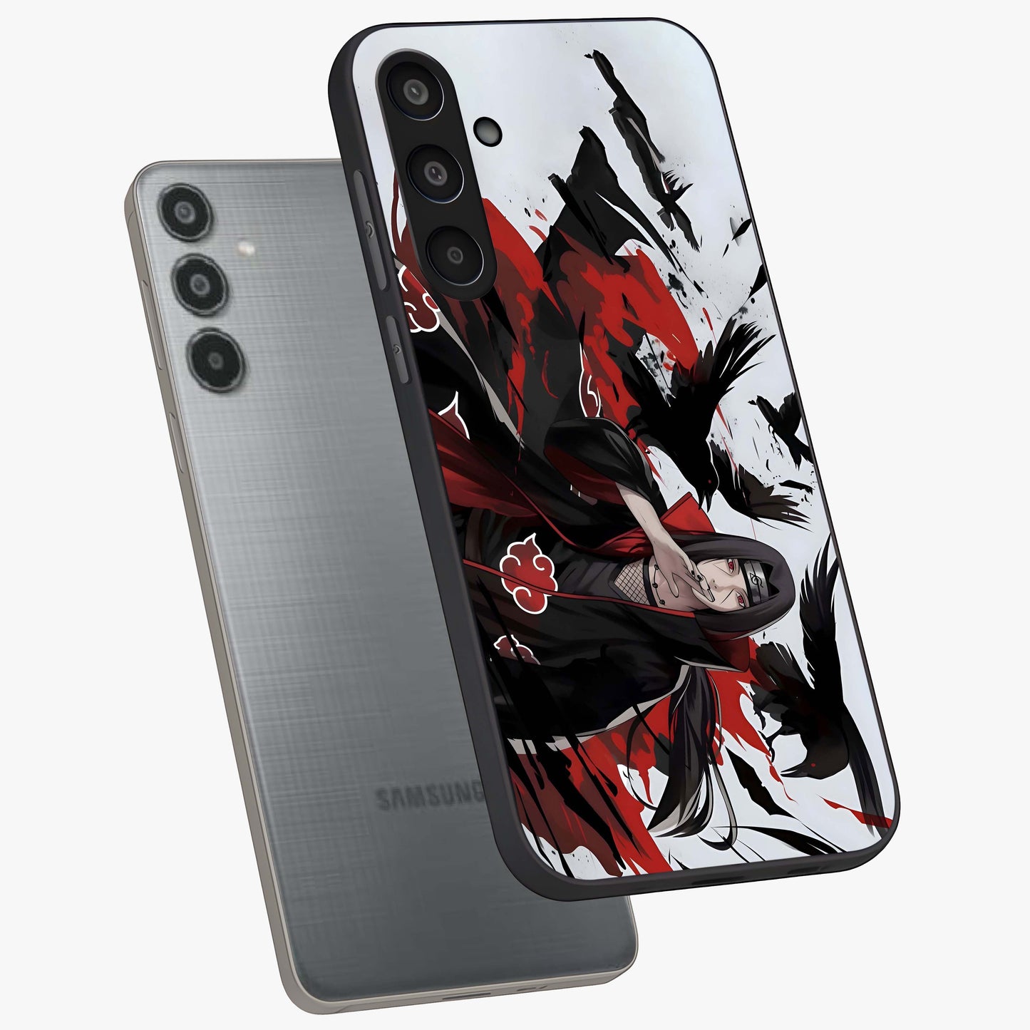 Crimson Crow Illusion Glass Case displayed in angled mockup highlighting mysterious crow graphic with dark aesthetic style.