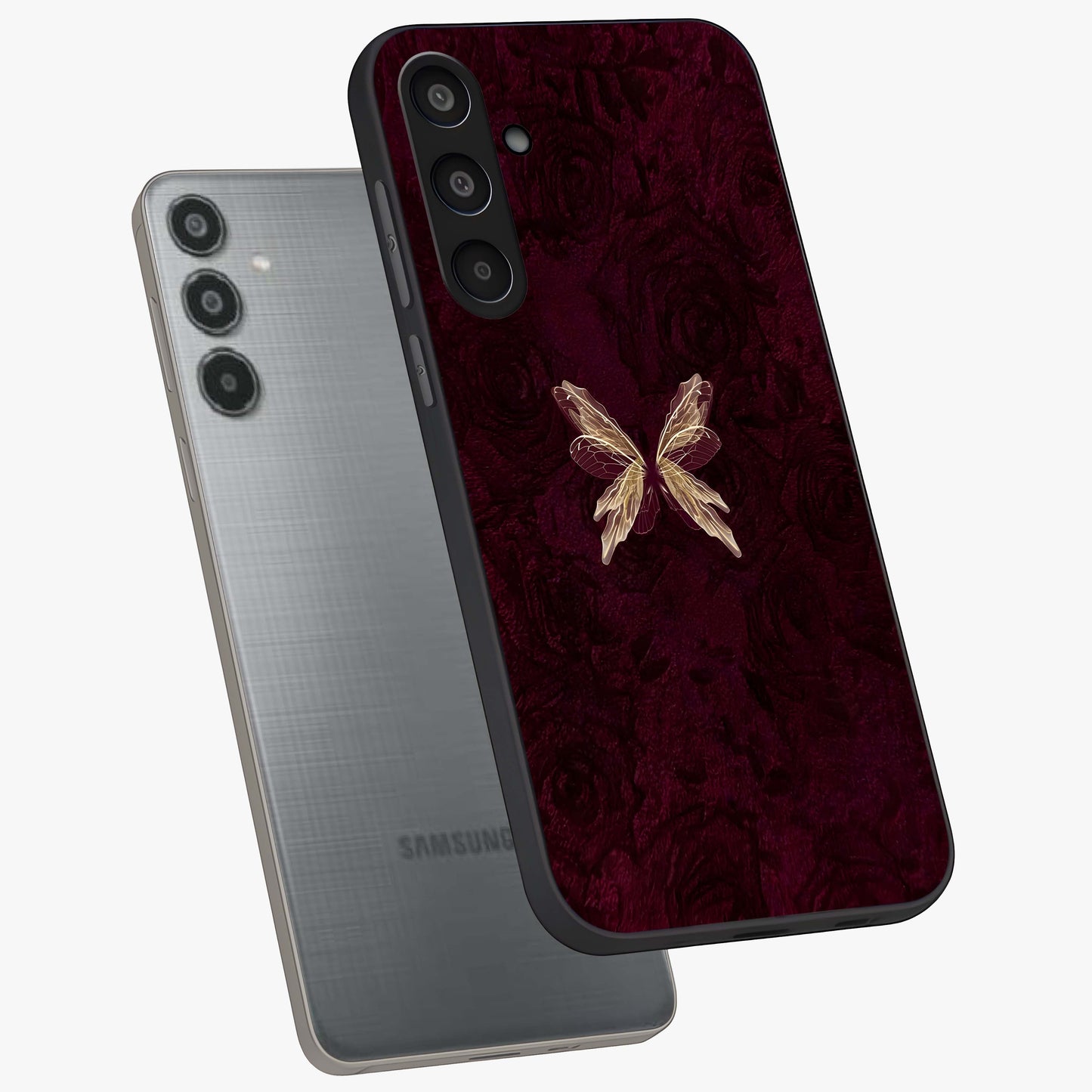 Crimson Fade Butterfly Glass Case displayed in angled mockup highlighting elegant butterfly design with crimson gradient aesthetic.