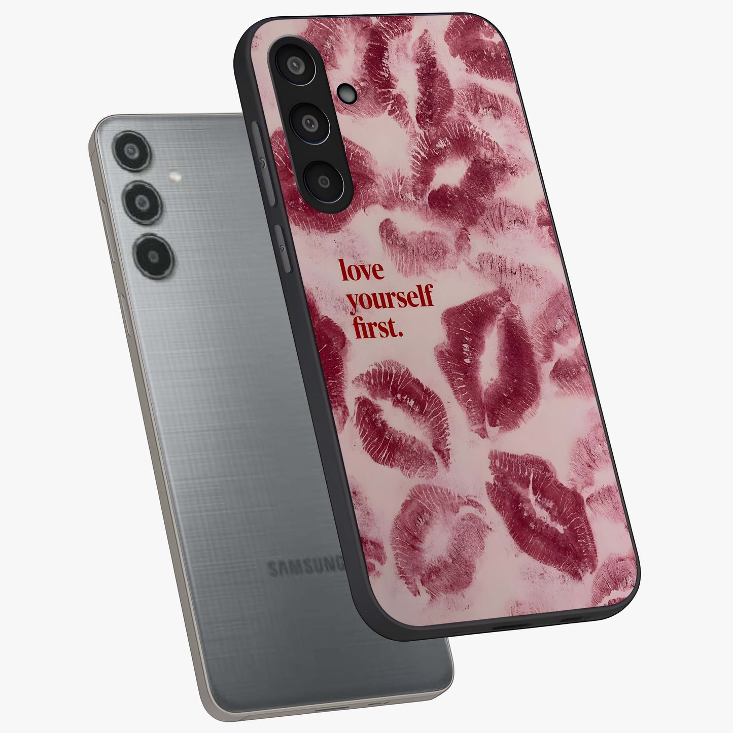 Crimson Kiss Love Glass Case displayed in angled mockup highlighting bold love inspired design with modern aesthetic style.