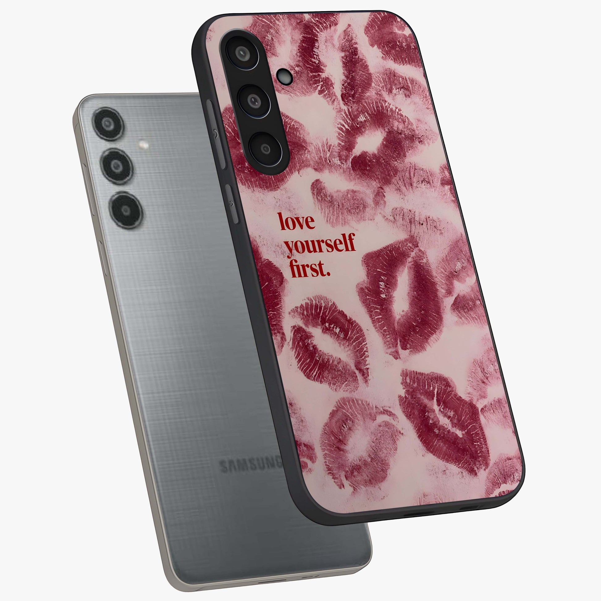 Crimson Kiss Love Glass Case displayed in angled mockup highlighting bold love inspired design with modern aesthetic style.