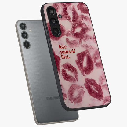 Crimson Kiss Love Glass Case displayed in angled mockup highlighting bold love inspired design with modern aesthetic style.