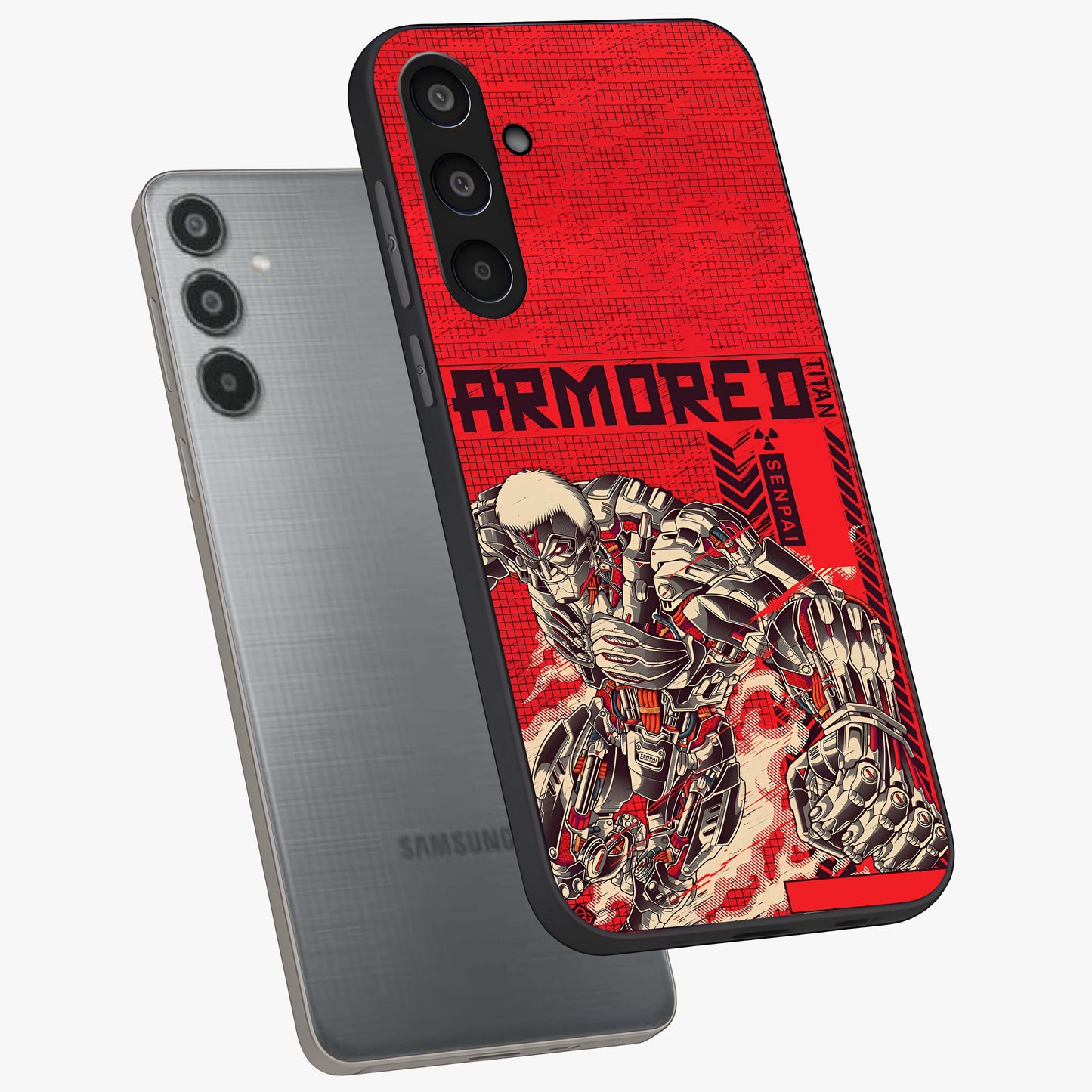 Crimson Mecha Titan Glass Case displayed in angled mockup highlighting futuristic mech illustration with bold crimson aesthetic.