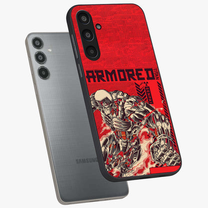 Crimson Mecha Titan Glass Case displayed in angled mockup highlighting futuristic mech illustration with bold crimson aesthetic.