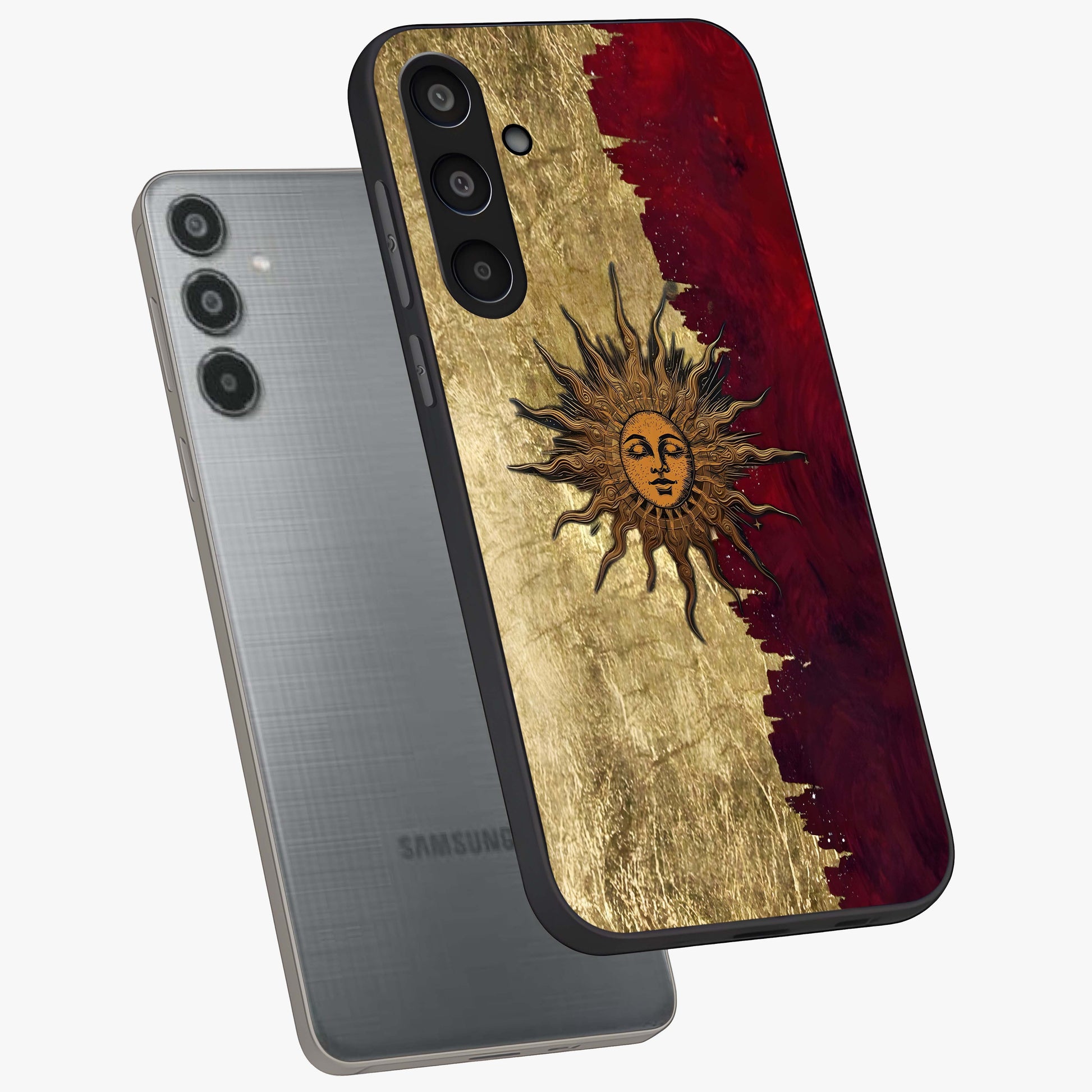 Crimson Sun Majesty Glass Case displayed in angled mockup highlighting majestic crimson sun design with bold aesthetic style.