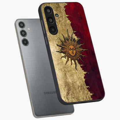 Crimson Sun Majesty Glass Case displayed in angled mockup highlighting majestic crimson sun design with bold aesthetic style.