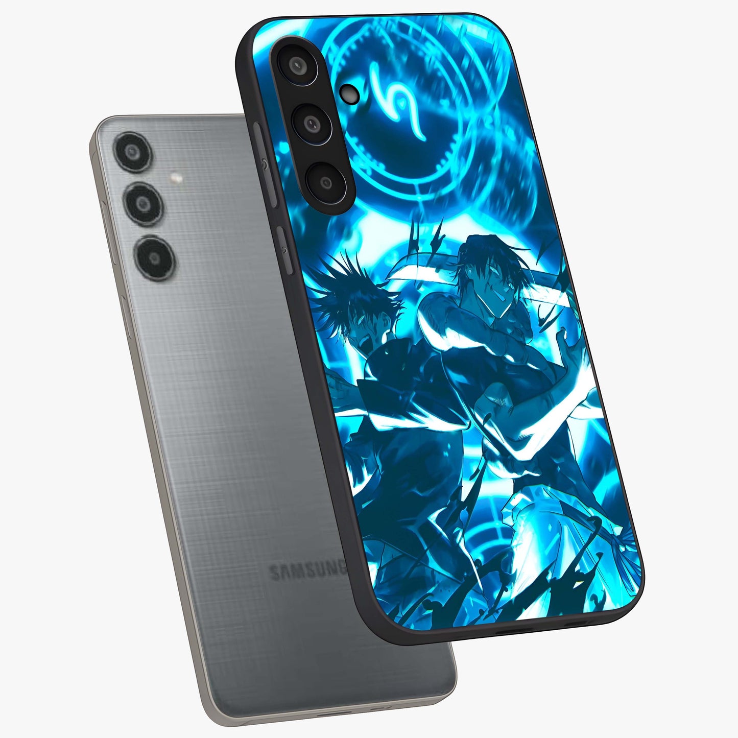 Cursed Energy Clash Glass Case displayed in angled mockup highlighting powerful battle inspired graphic with anime style aesthetic.
