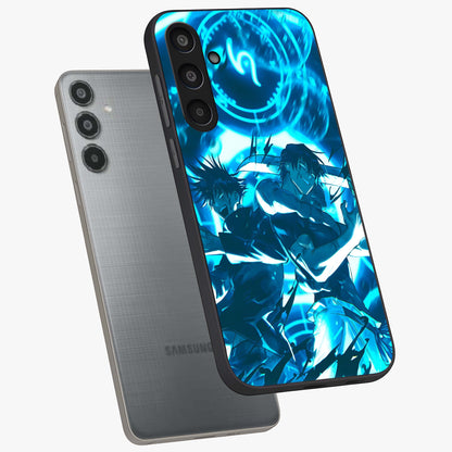 Cursed Energy Clash Glass Case displayed in angled mockup highlighting powerful battle inspired graphic with anime style aesthetic.