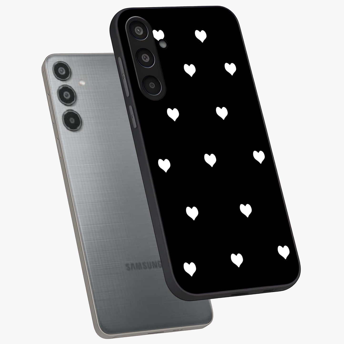 Cute And Simple White Hearts Glass Case displayed in angled mockup highlighting cute heart design with clean aesthetic style.