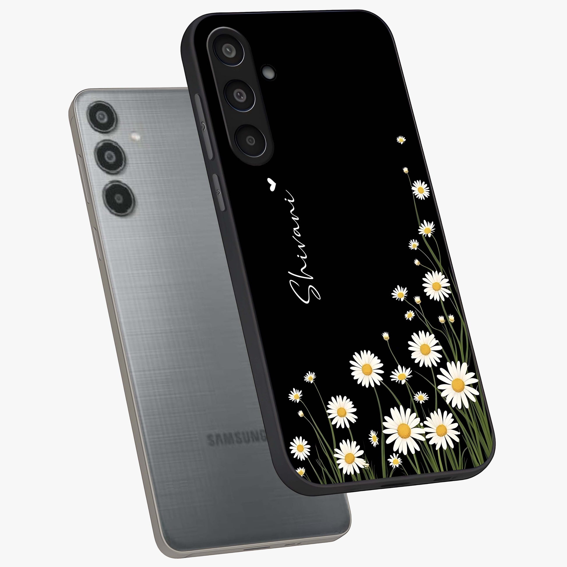 Daisy Cascade Custom Name Glass Case displayed in angled mockup highlighting delicate daisy artwork with custom name feature.