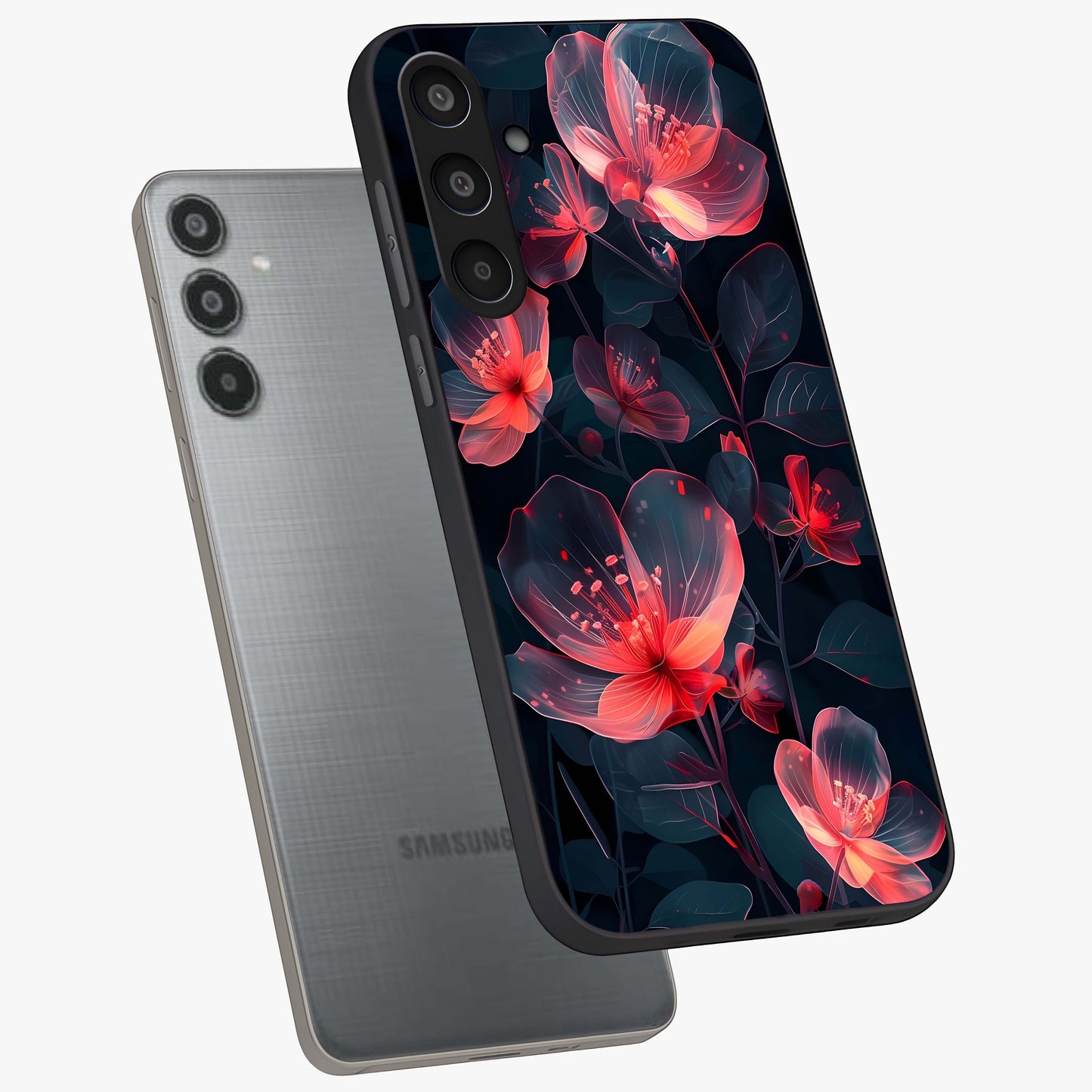 Dark Shade of Flower Glass Case displayed in angled mockup highlighting moody floral illustration with aesthetic dark tones.