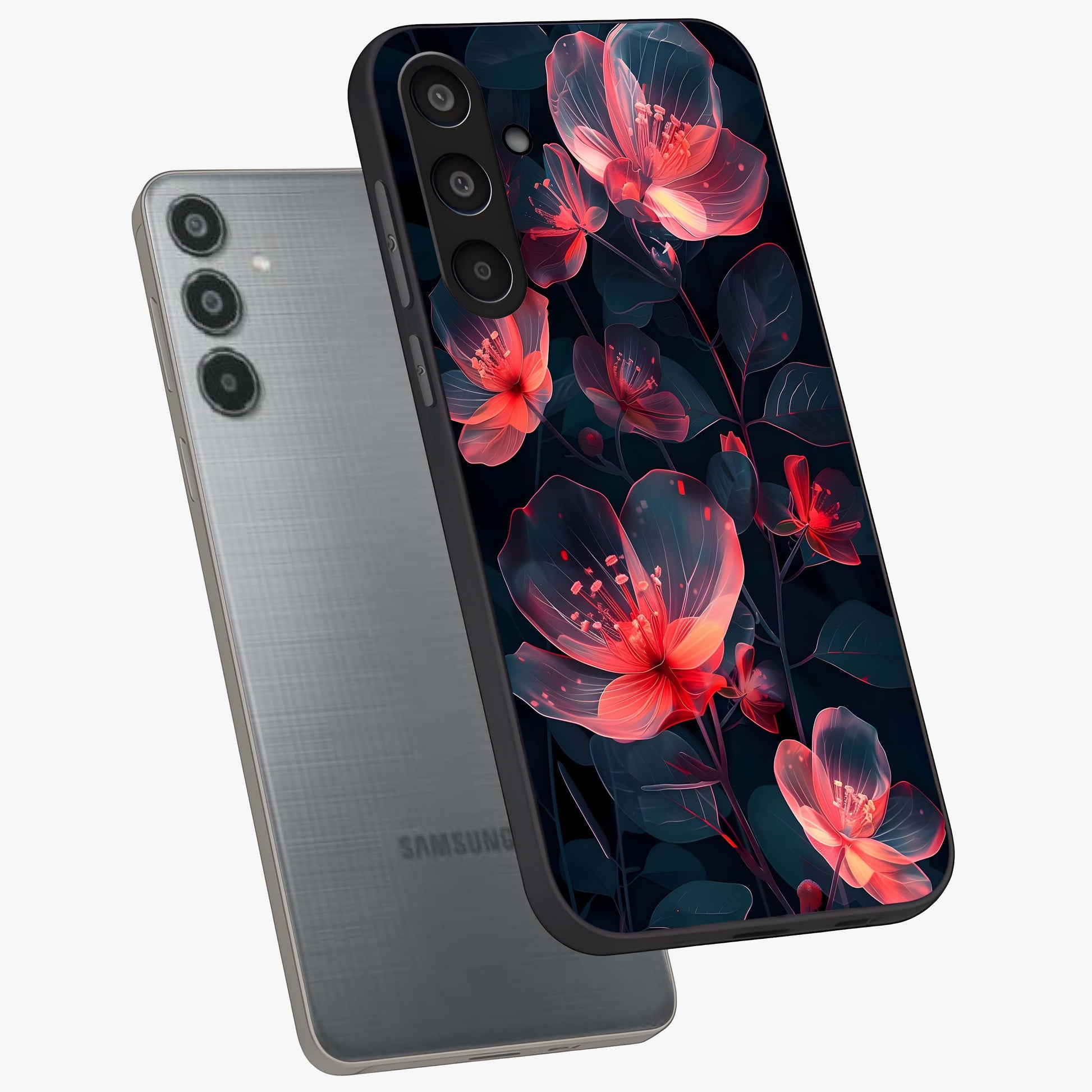 Dark Shade of Flower Glass Case displayed in angled mockup highlighting moody floral illustration with aesthetic dark tones.