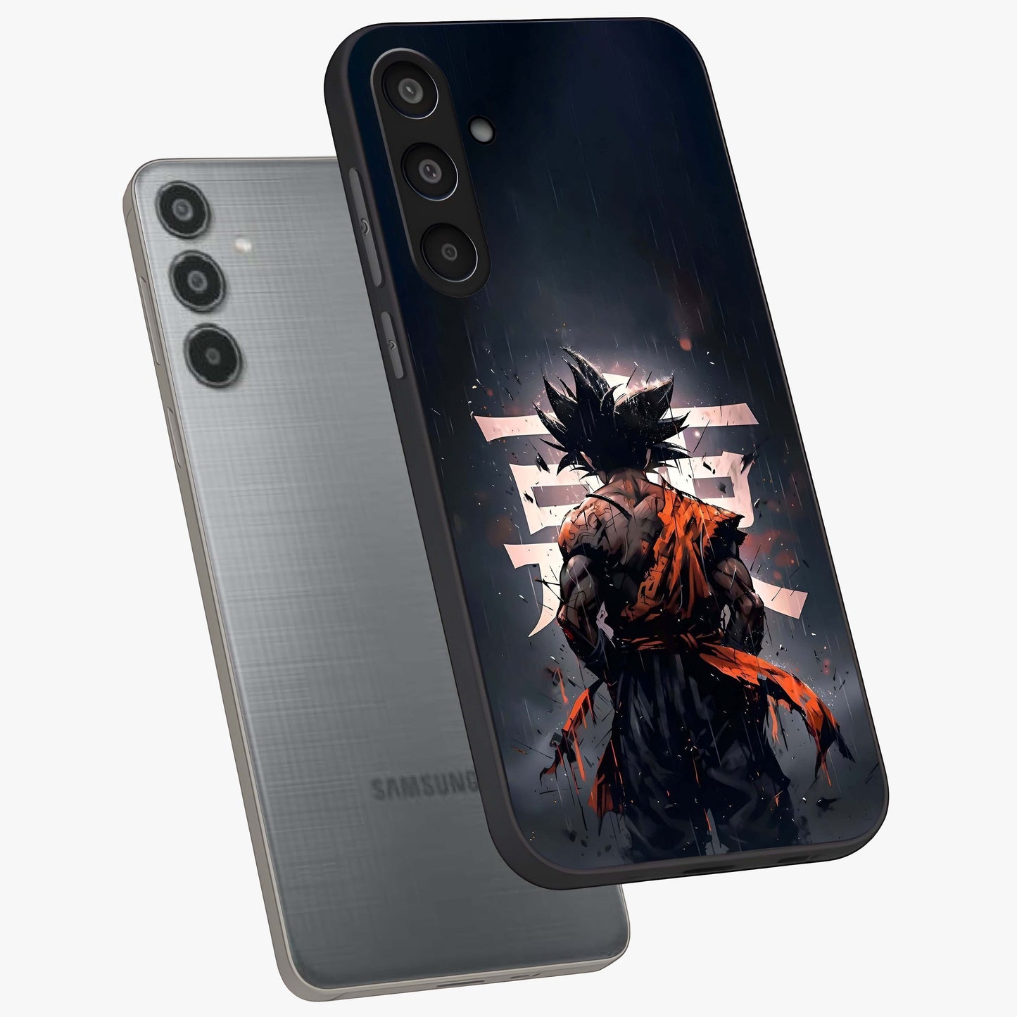 Dark Warrior In Rain Glass Case displayed in angled mockup highlighting dramatic warrior illustration with dark rain aesthetic.