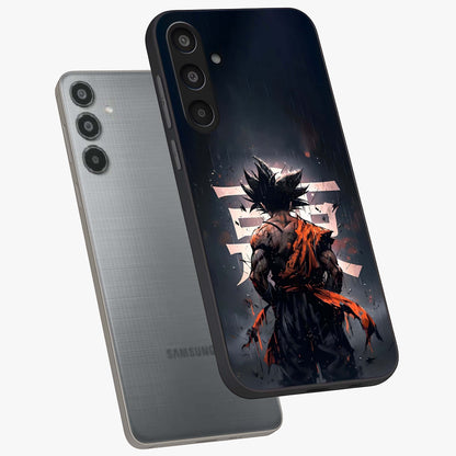 Dark Warrior In Rain Glass Case displayed in angled mockup highlighting dramatic warrior illustration with dark rain aesthetic.