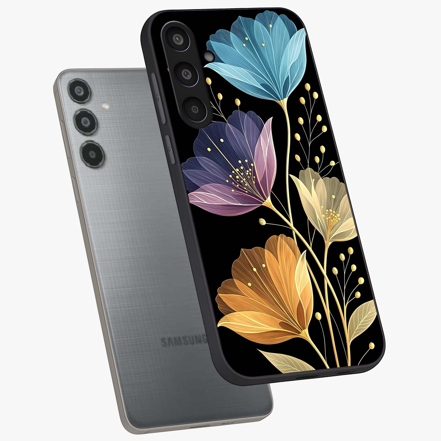 Delicate Multicolor Flowers Glass Case displayed in angled mockup highlighting colorful flower pattern with soft aesthetic style.