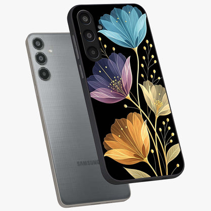 Delicate Multicolor Flowers Glass Case displayed in angled mockup highlighting colorful flower pattern with soft aesthetic style.
