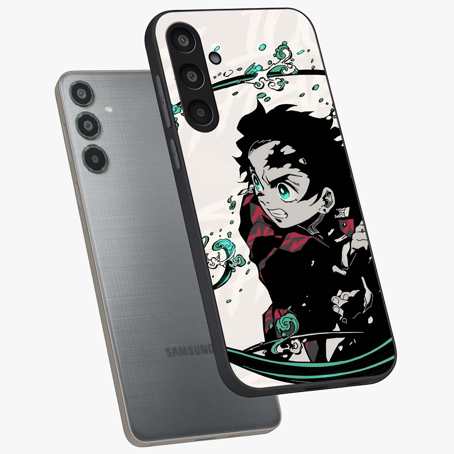 Demon Slayer Glass Case displayed in angled mockup highlighting dramatic anime character design with action aesthetic.