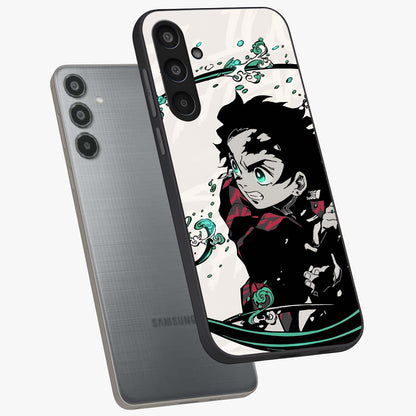 Demon Slayer Glass Case displayed in angled mockup highlighting dramatic anime character design with action aesthetic.