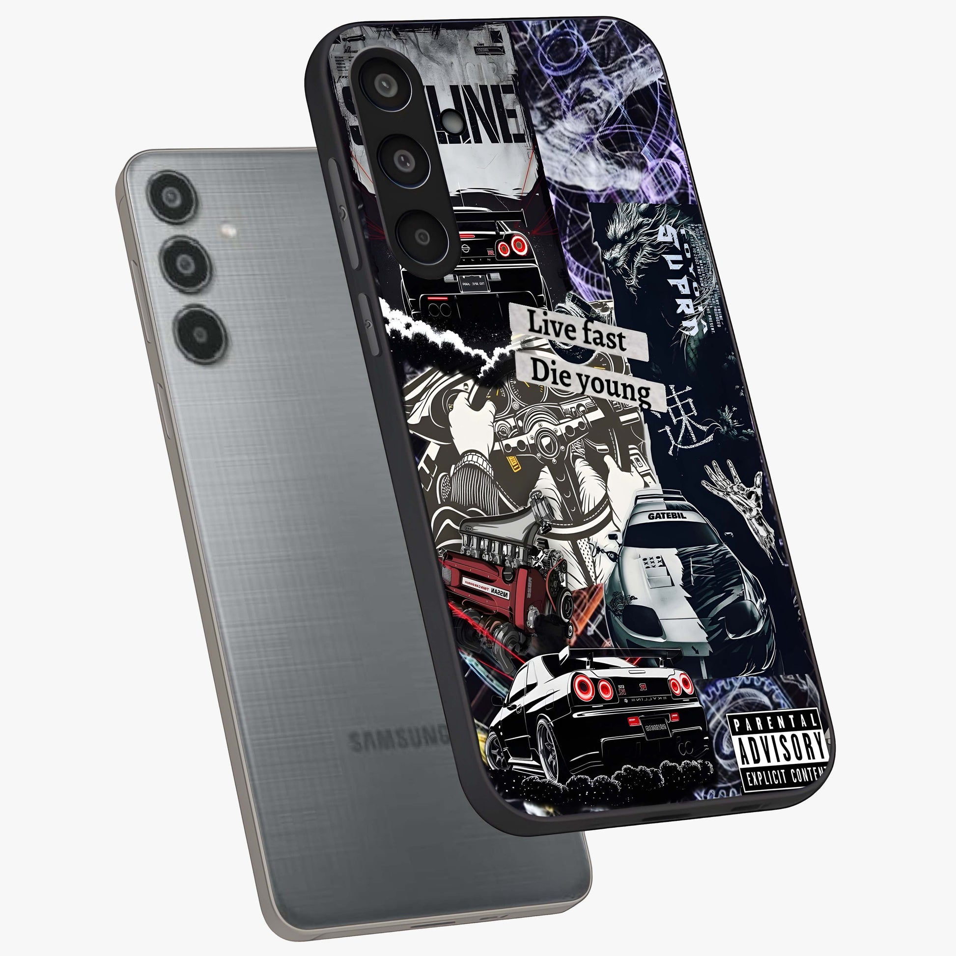 Die Young Glass Case displayed in angled mockup highlighting expressive graphic artwork with edgy aesthetic style.