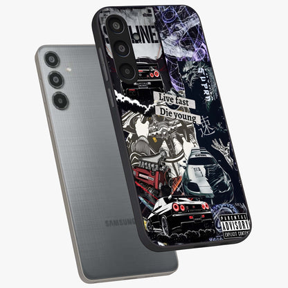 Die Young Glass Case displayed in angled mockup highlighting expressive graphic artwork with edgy aesthetic style.
