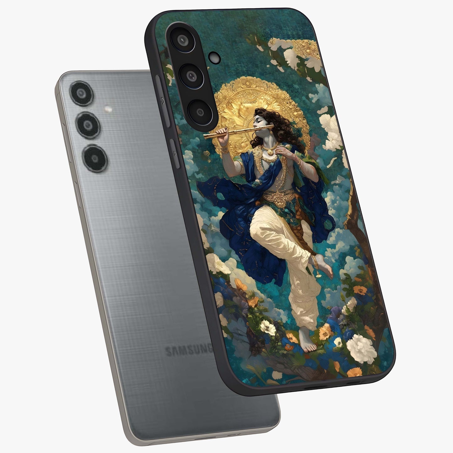 Divine Krishna Art Glass Case displayed in angled mockup highlighting spiritual Krishna illustration with devotional aesthetic.