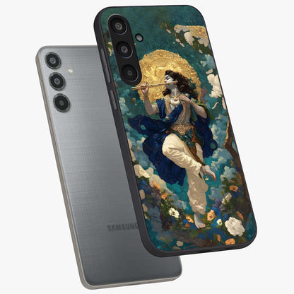 Divine Krishna Art Glass Case displayed in angled mockup highlighting spiritual Krishna illustration with devotional aesthetic.